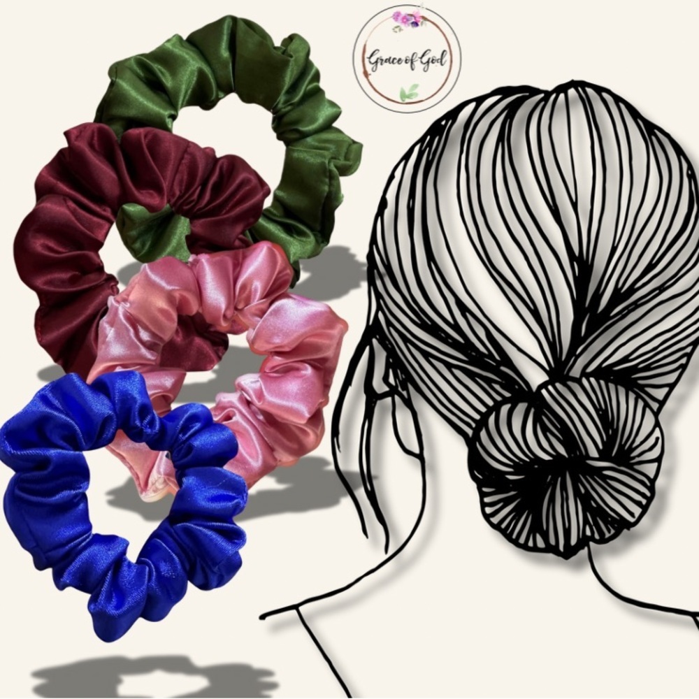 Satin Scrunchie Set - Green, Burgundy, Pink, Blue